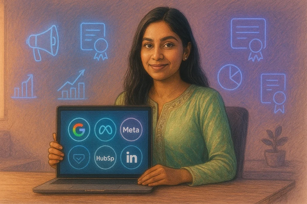 A marketer reviewing affiliate marketing strategies on a laptop with icons representing commissions, referrals, and partner networks.