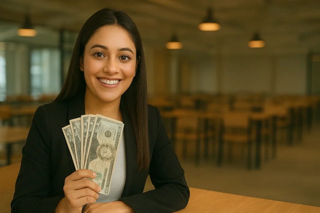 Smiling young professional holding dollar bills, representing affiliate marketing income and online monetization success