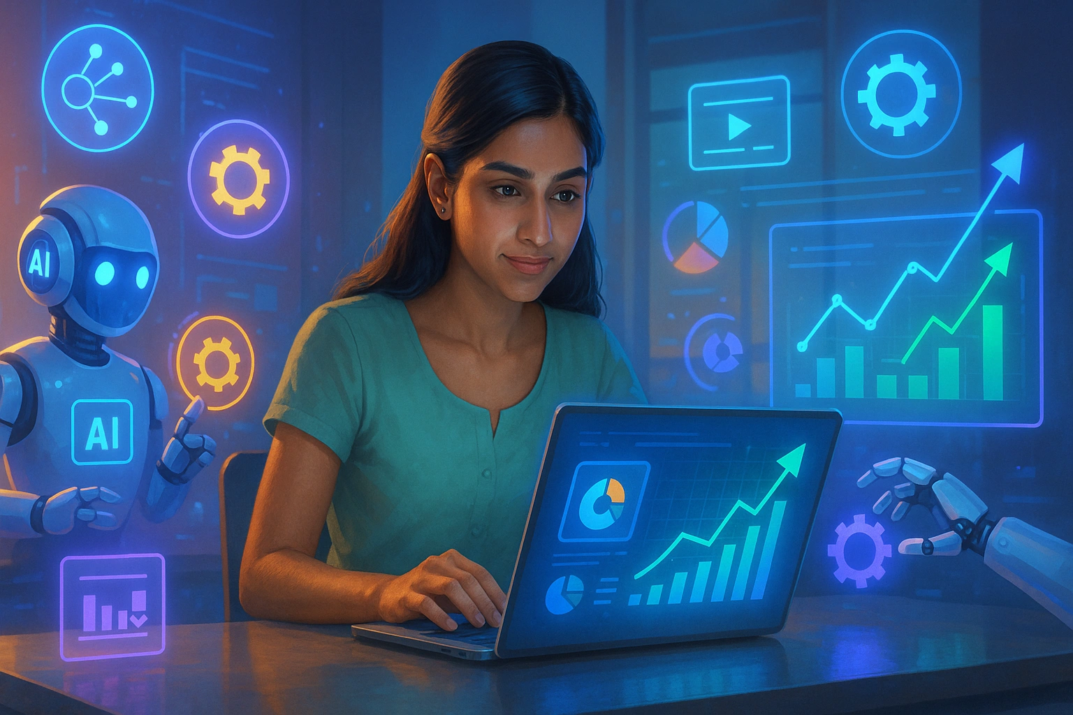 A digital marketer analyzing automation workflows on a laptop with icons representing AI, tasks, and process optimization