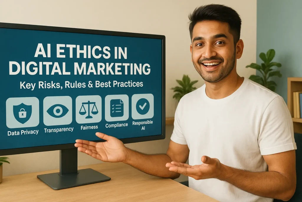 Haryanvi Indian male digital marketer in a white T-shirt explaining AI Ethics in Digital Marketing beside a screen showing key topics like data privacy, transparency, fairness, compliance, and responsible AI.