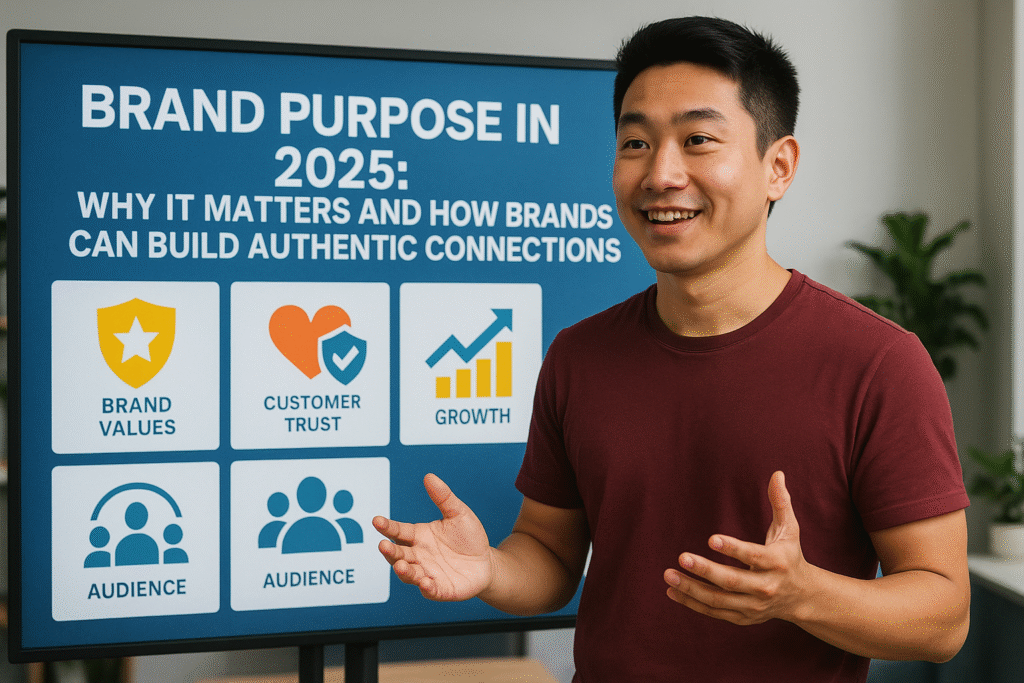 Sikkimese male digital marketer in a maroon T-shirt explaining brand purpose in 2025, standing beside a screen showing brand values, customer trust, growth, and audience connection icons in a modern office.