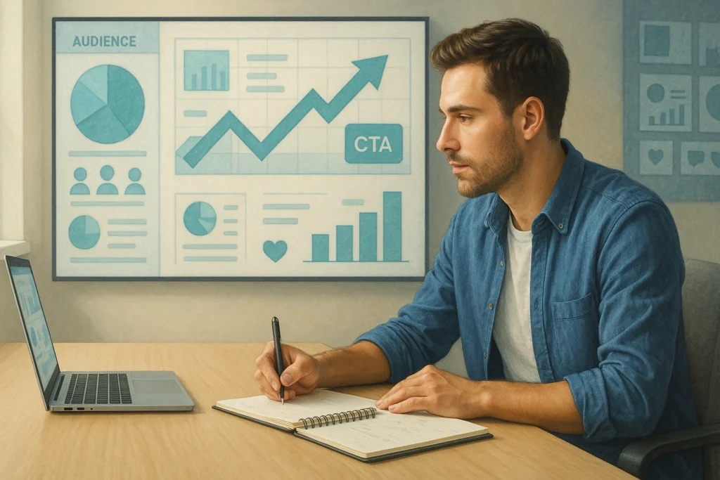 Marketer reviewing content performance and conversion data on a digital analytics dashboard