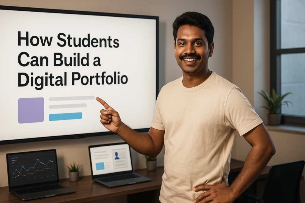A smiling South Indian male digital marketer in a cream t-shirt pointing at a large screen that reads “How Students Can Build a Digital Portfolio” in a modern tech office.