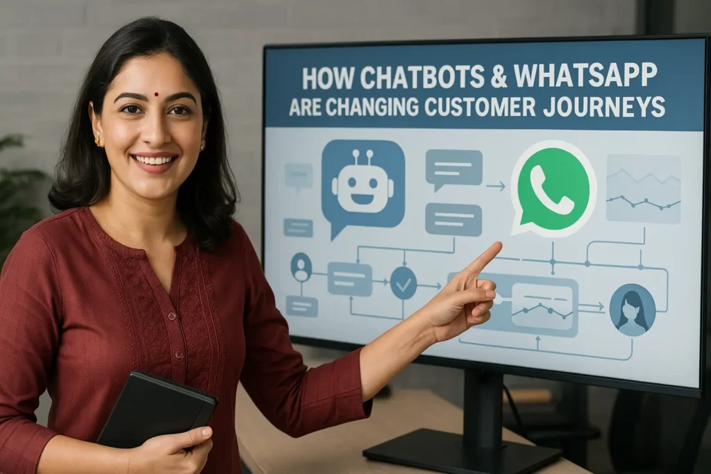 A cheerful Lakhnavi Indian woman in a maroon kurta explaining customer journeys using chatbots and WhatsApp, pointing at a digital screen with chatbot and WhatsApp icons in a modern workspace.