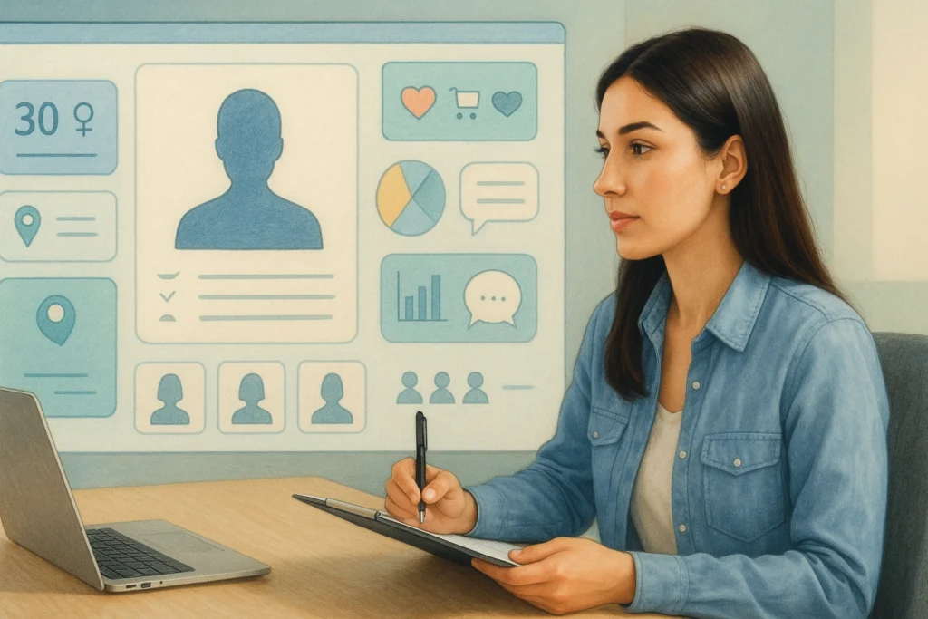 Woman analyzing customer persona data on a digital dashboard while taking notes at her desk.