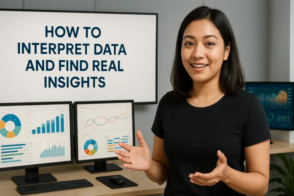 Happy fair Northeast Indian female digital marketer in a black t-shirt explaining how to interpret data and find real insights, standing in a modern analytics workspace with charts and dashboards.