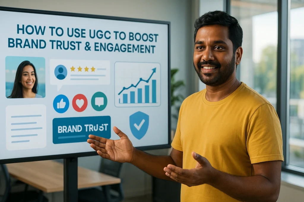 A smiling South Indian male digital marketer in a yellow t-shirt presenting a slide titled “How to Use UGC to Boost Brand Trust & Engagement” inside a modern office.