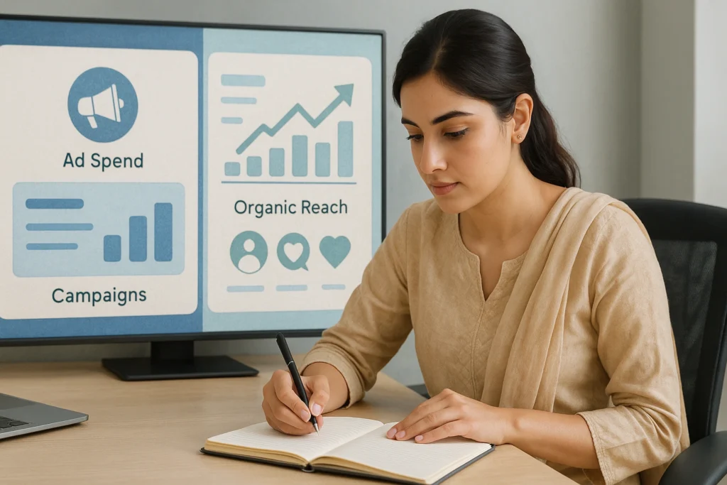 Woman analyzing paid ads and organic growth performance metrics on a digital dashboard