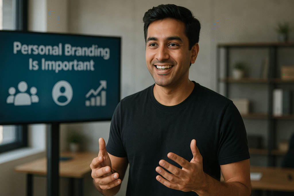 A fair Indian digital marketing professional in a black t-shirt explaining the importance of personal branding for students in 2026 inside a modern office setting.