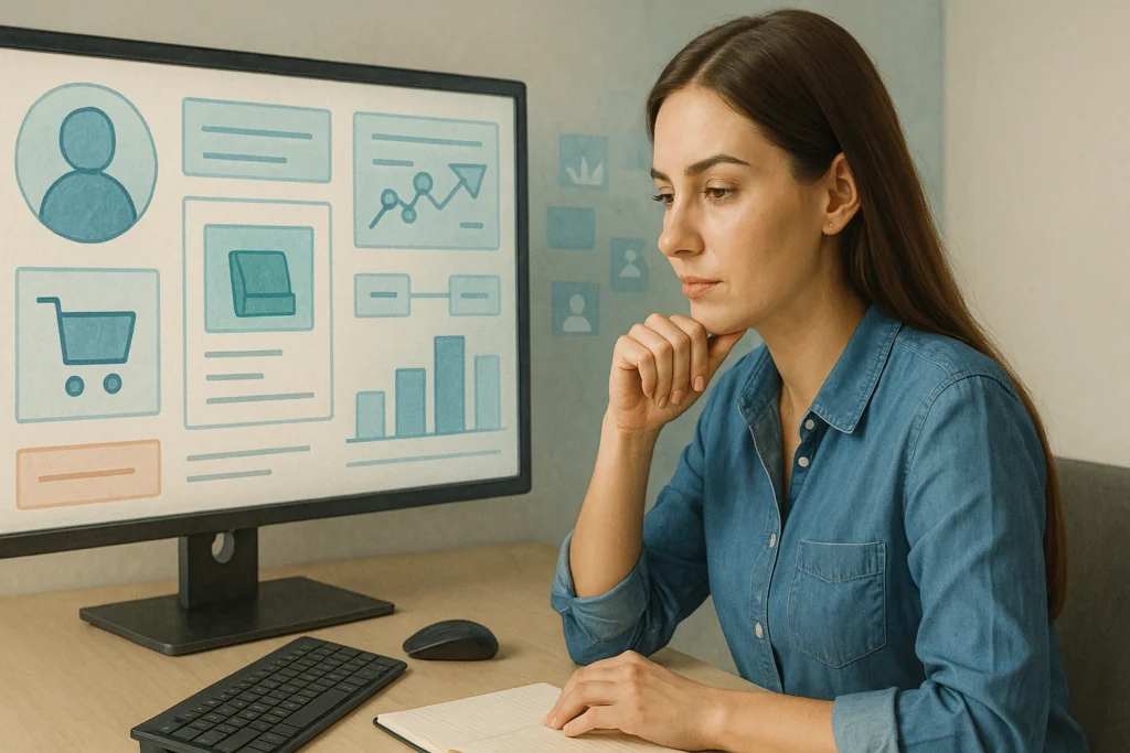 Digital marketer analyzing remarketing performance data and audience insights on a computer dashboard to improve conversion rates and online advertising strategy.