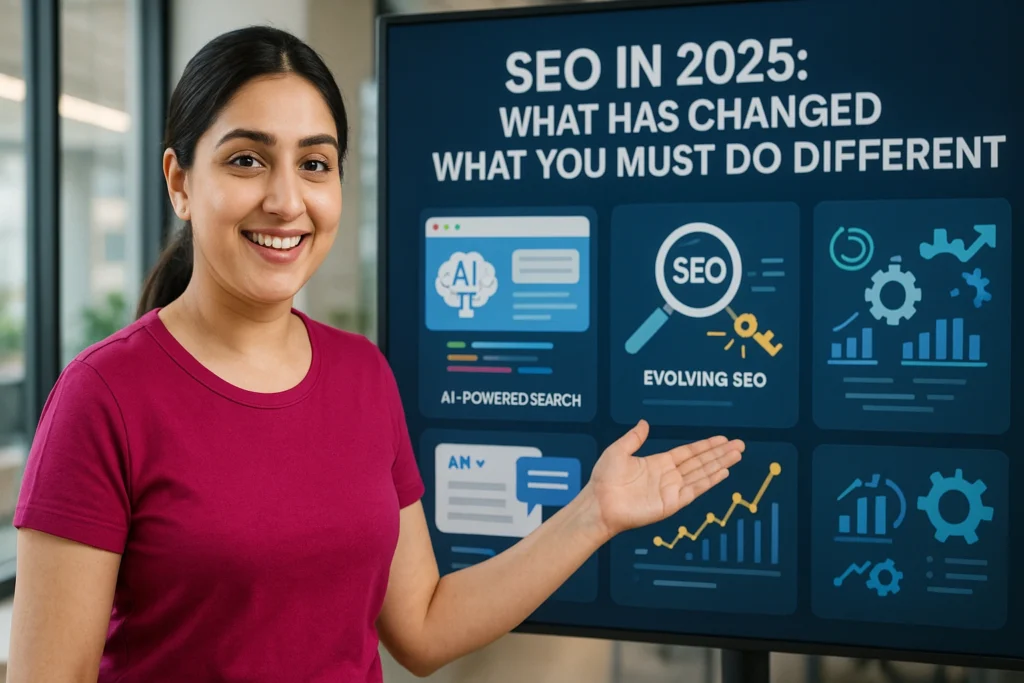 A smiling fair Punjabi female digital marketer in a magenta t-shirt presenting “SEO in 2025” on a digital screen with visuals of AI-powered search, answer engines, and evolving SEO graphs inside a bright modern office.