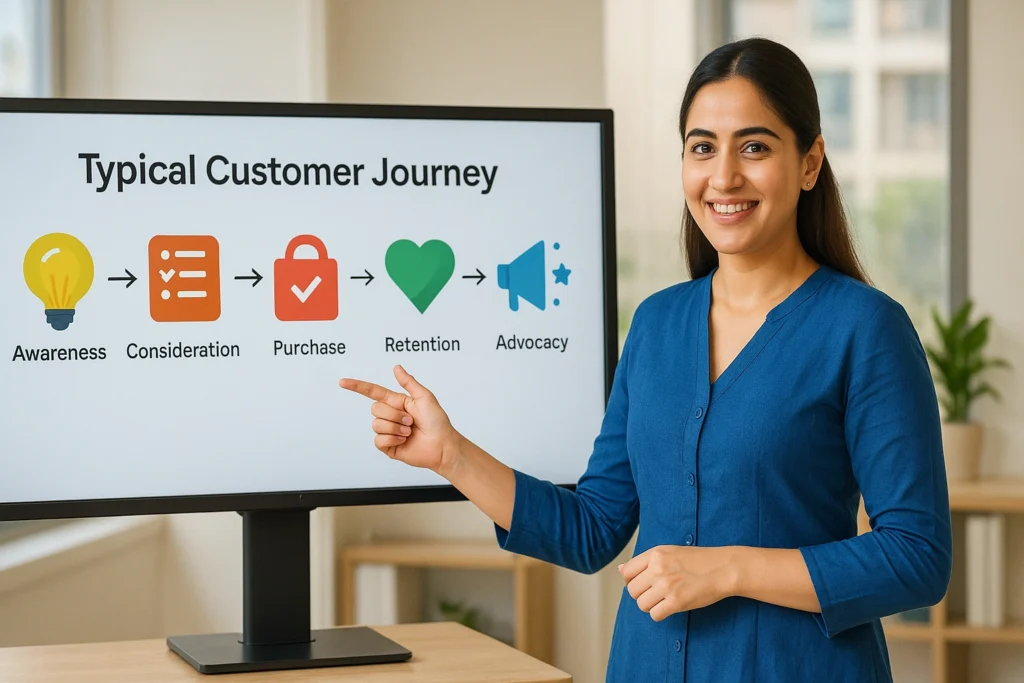 Woman pointing at a large screen showing a typical customer journey diagram with icons and stages: Awareness → Consideration → Purchase → Retention → Advocacy.