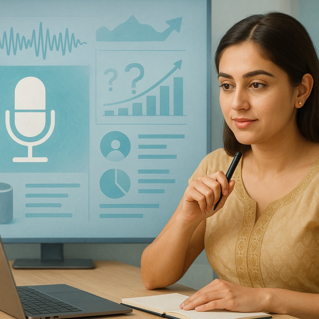 Woman analyzing voice search optimization data on a laptop with microphone and analytics dashboard
