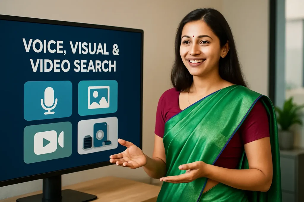 Young fair Lakhnavi Indian female digital marketer wearing a bright green silk saree with a contrasting maroon blouse, explaining Voice, Visual & Video Search beside a screen showing related icons in a modern tech workspace.