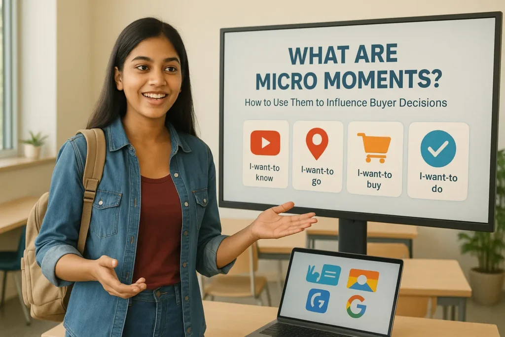 Indian college-going female explaining micro-moments in a classroom, standing beside a screen showing icons for “I-want-to-know,” “I-want-to-go,” “I-want-to-buy,” and “I-want-to-do.”