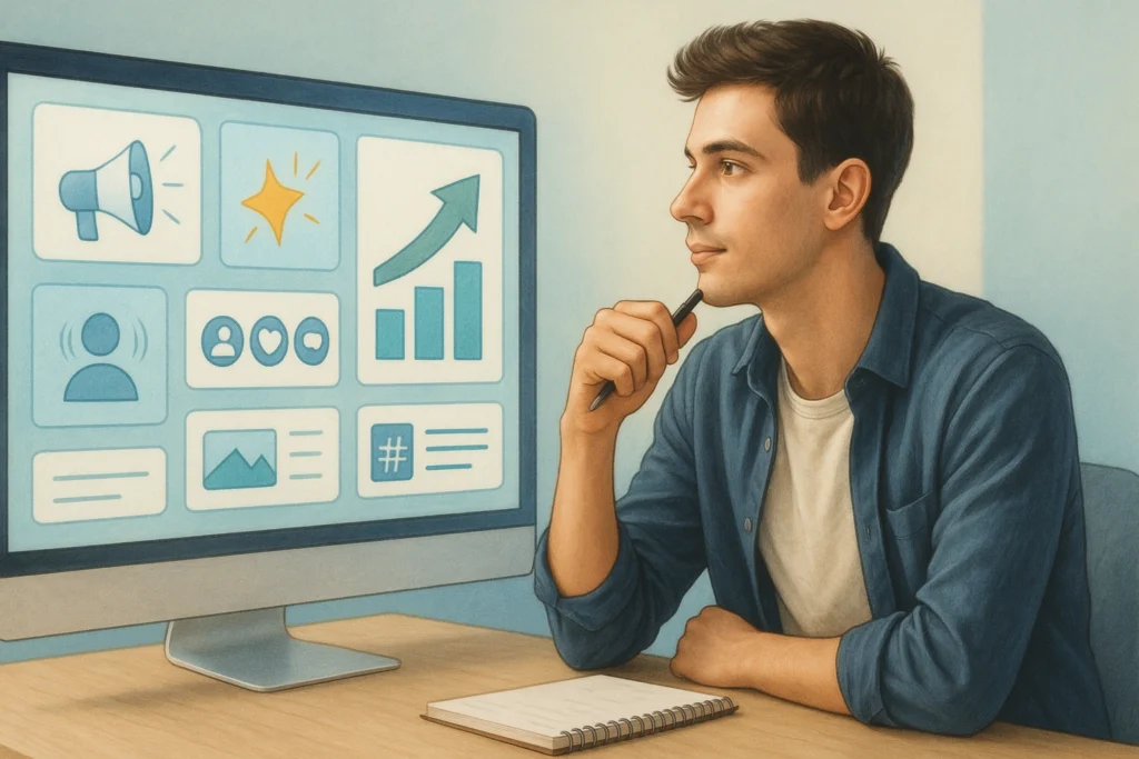 Young male digital marketer sitting at a desk, analyzing social media and marketing analytics displayed on a computer screen.