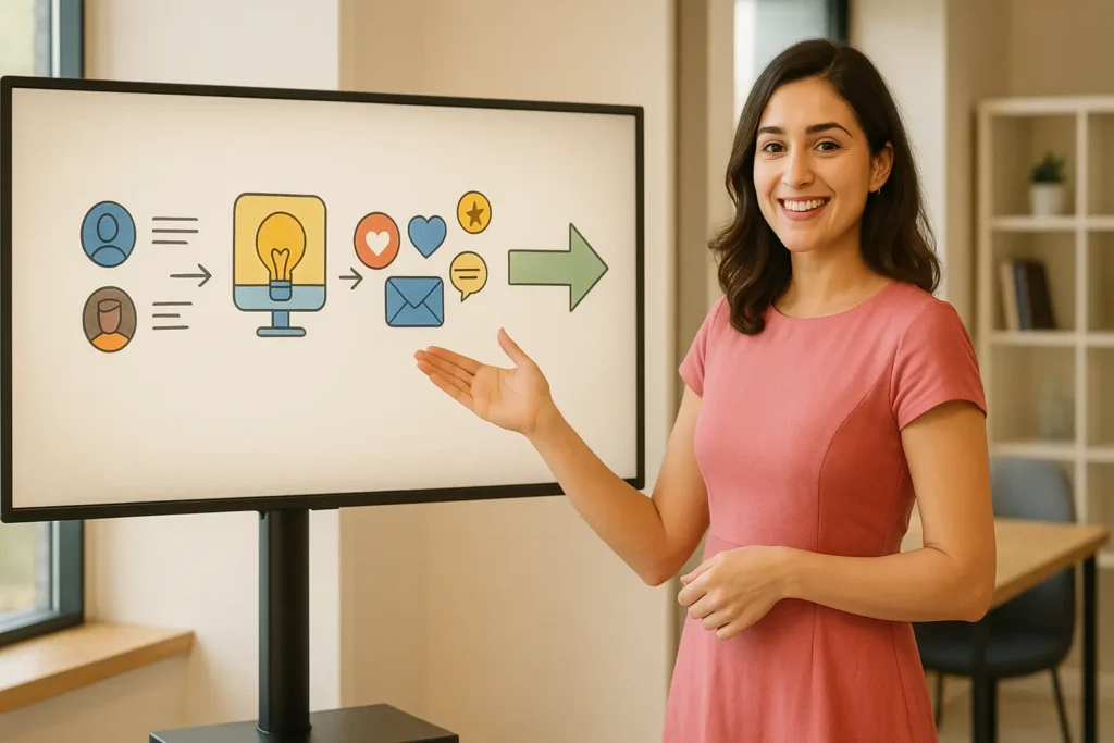 Smiling female digital marketing professional presenting how digital marketing tools help small businesses grow, pointing at a screen with strategy icons.