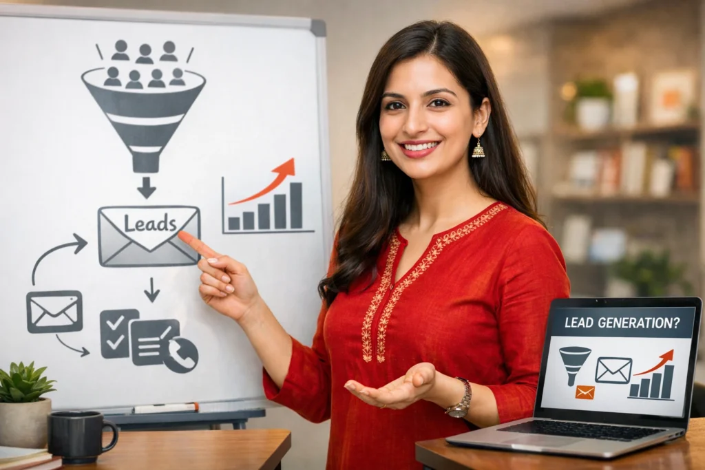 A digital marketing professional explaining how to start learning lead generation using a funnel diagram, email leads, and growth charts in a modern workspace