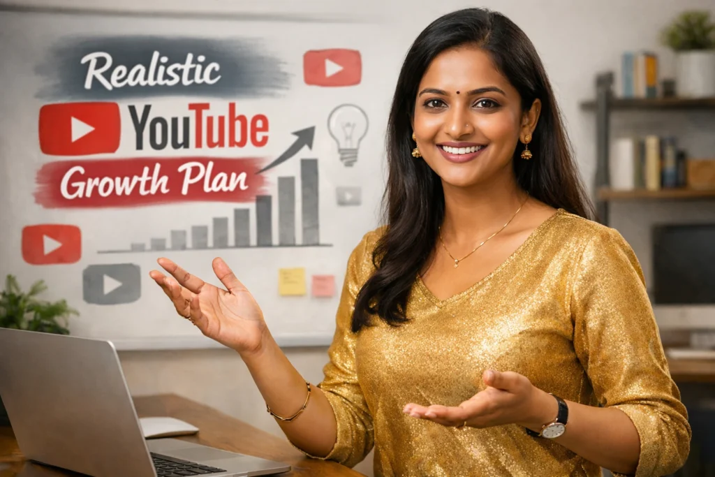 Happy Madrasi Indian female digital marketing professional in a golden top explaining a realistic YouTube growth plan for beginners in a modern workspace