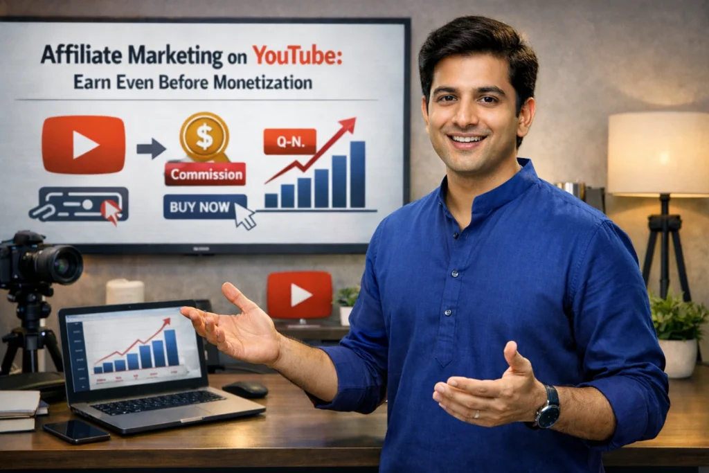 Happy digital marketing professional explaining affiliate marketing on YouTube and how to earn before monetization