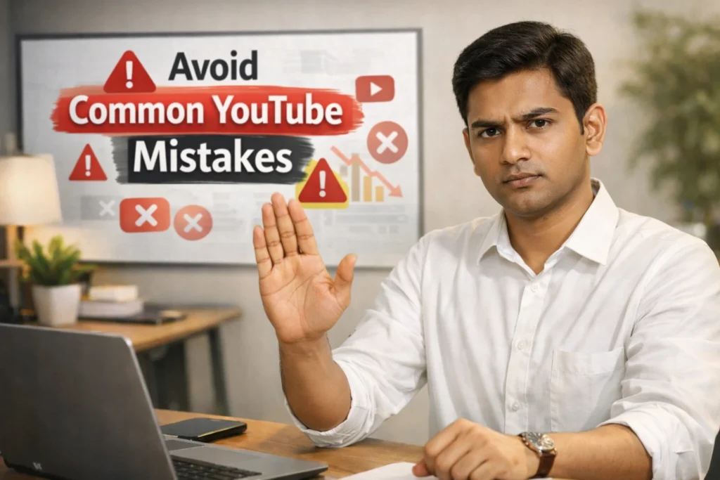A serious Madrasi Indian male digital marketing professional in a white shirt warning creators to avoid common YouTube mistakes in a modern workspace.