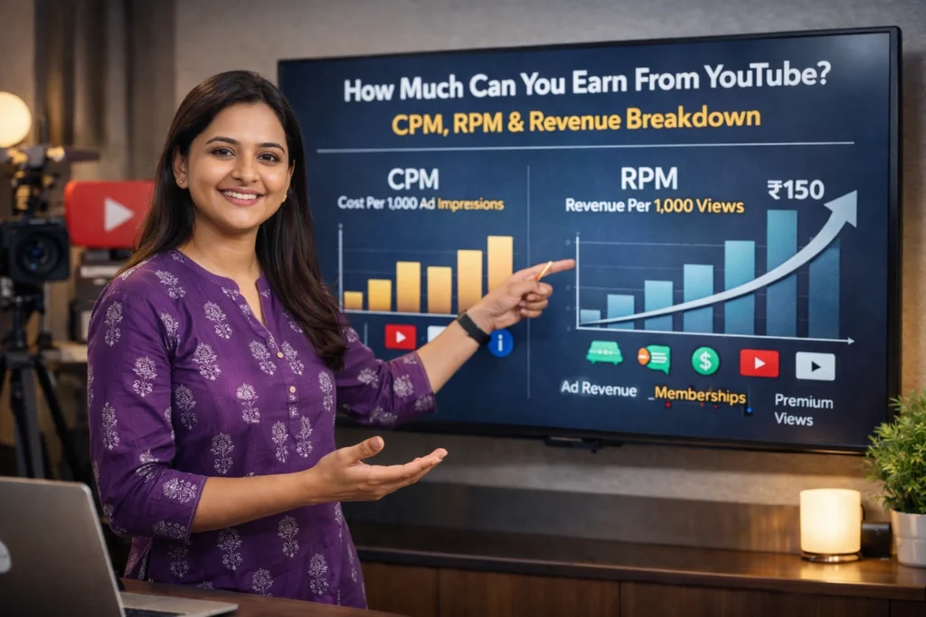 Happy Andhra female digital marketing educator explaining YouTube earnings with CPM and RPM revenue charts