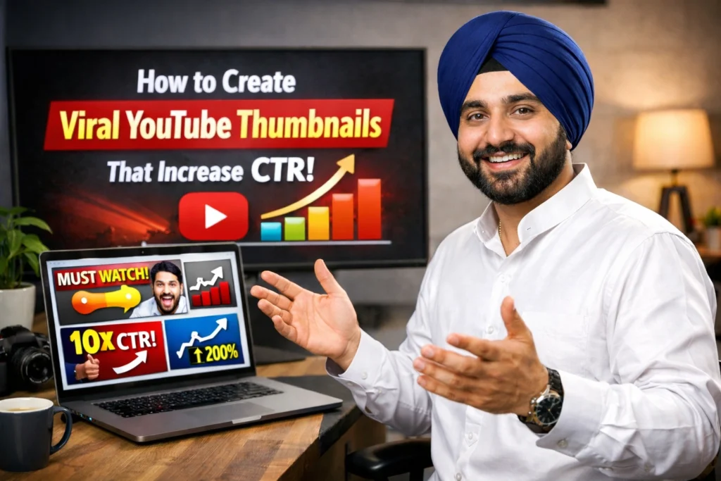 Happy digital marketing Sikh male in white shirt explaining how to create viral YouTube thumbnails that increase CTR