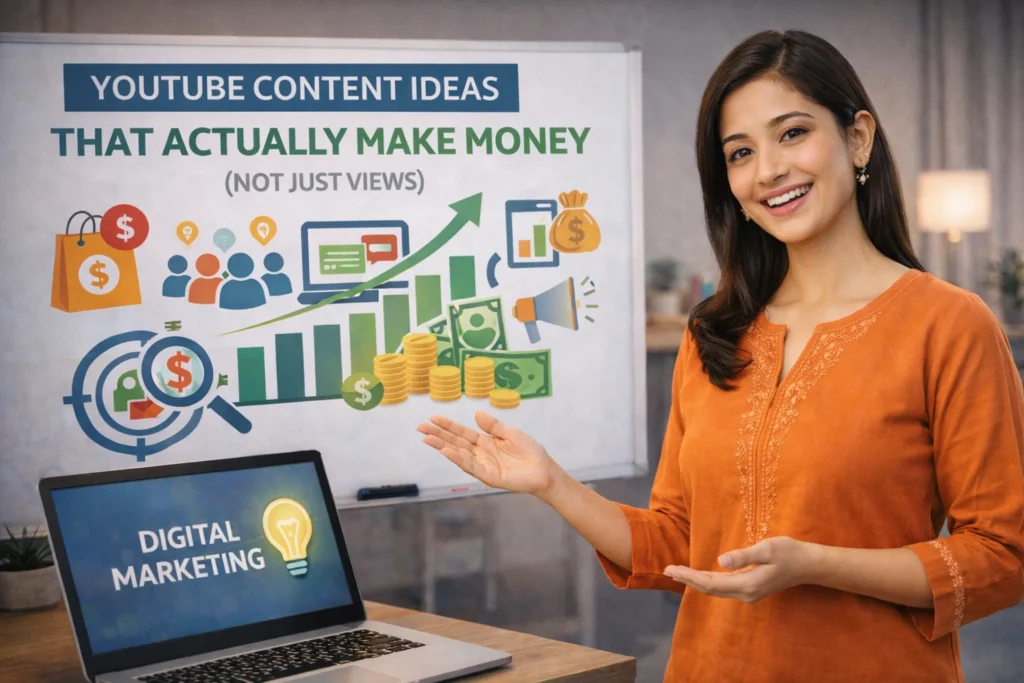 Happy Lakhnavi Indian female digital marketing professional in an orange kurta explaining YouTube content ideas that generate real income, not just views.