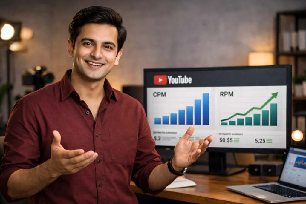 Happy digital marketing expert explaining YouTube earnings with CPM and RPM revenue breakdown on analytics screen and realistic youtube growth plan