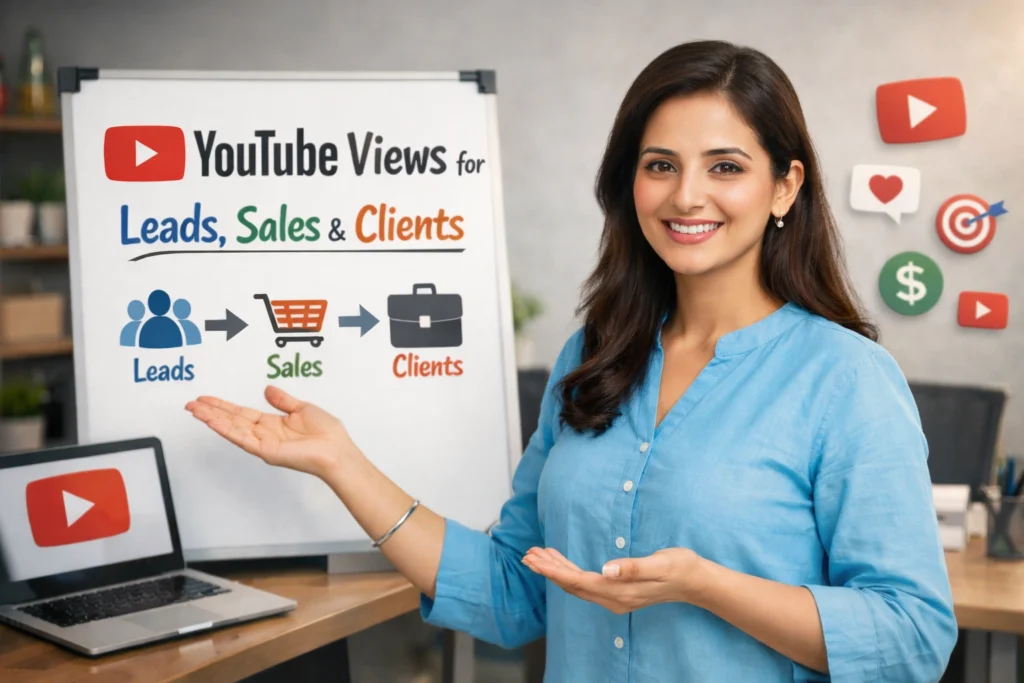 Happy Indian digital marketing professional explaining how YouTube views can be converted into leads, sales, and clients using a simple growth strategy