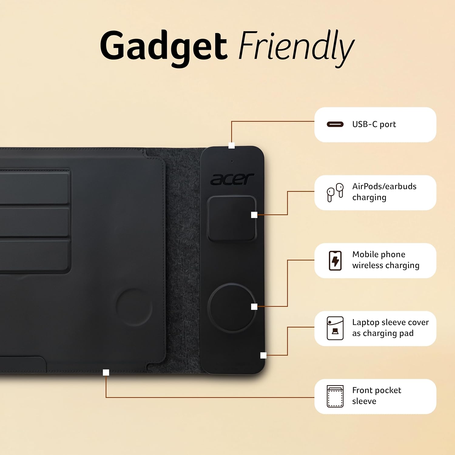 Acer ChargeMate 4-in-1 Wireless Charging Laptop Sleeve for 13" - 16" Laptops | Qi Fast Charging Pad for Phone & Earbuds | Mousepad | Height Adjustable Flap | Magnetic Closure | Waterproof (Black) - Image 4