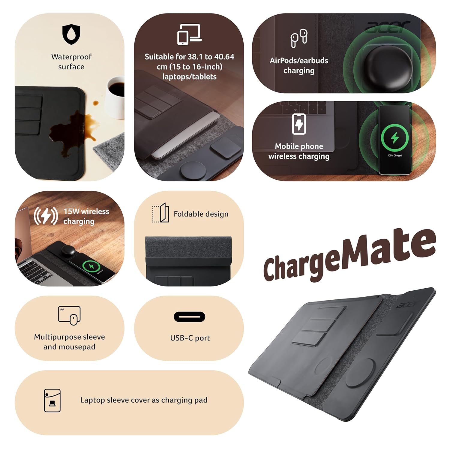 Acer ChargeMate 4-in-1 Wireless Charging Laptop Sleeve for 13" - 16" Laptops | Qi Fast Charging Pad for Phone & Earbuds | Mousepad | Height Adjustable Flap | Magnetic Closure | Waterproof (Black) - Image 3