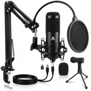 Audio Array USB Condenser Microphone Kit | for Podcasting, Online Meeting, Gaming, Singing & Live Streaming | Boom Arm, Pop Filter, Mic Cover, Spider Shock Mount, Tripod & 2.5M USB Cable | AM-C1