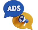 3D speech bubbles showing the word ‘ADS’ and a megaphone icon, symbolizing online advertising and paid marketing.