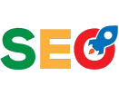 SEO text logo with colorful letters and an arrow target icon representing search engine optimization and organic growth.