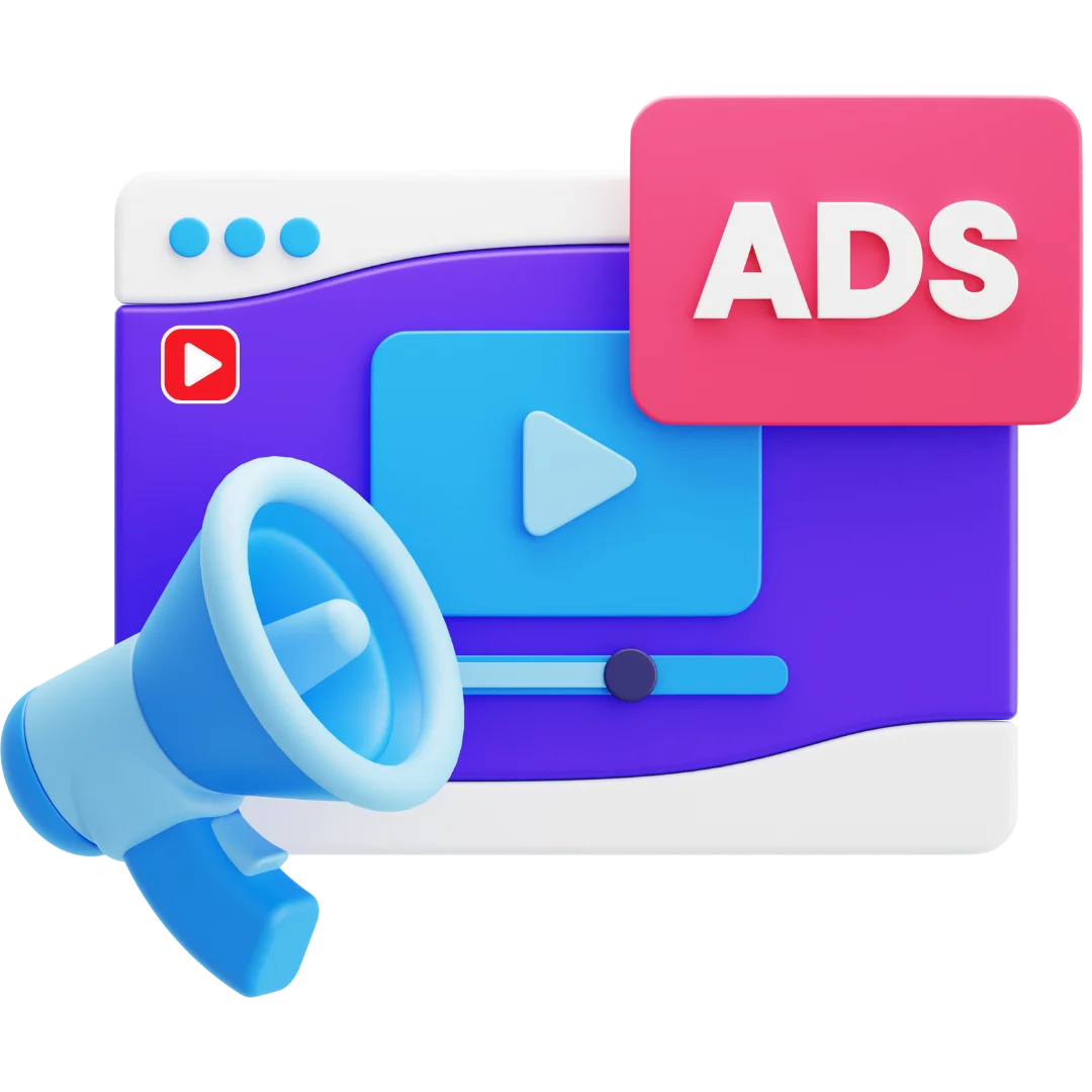 Megaphone with “ADS” label on a digital screen, representing online advertising and digital marketing campaigns.