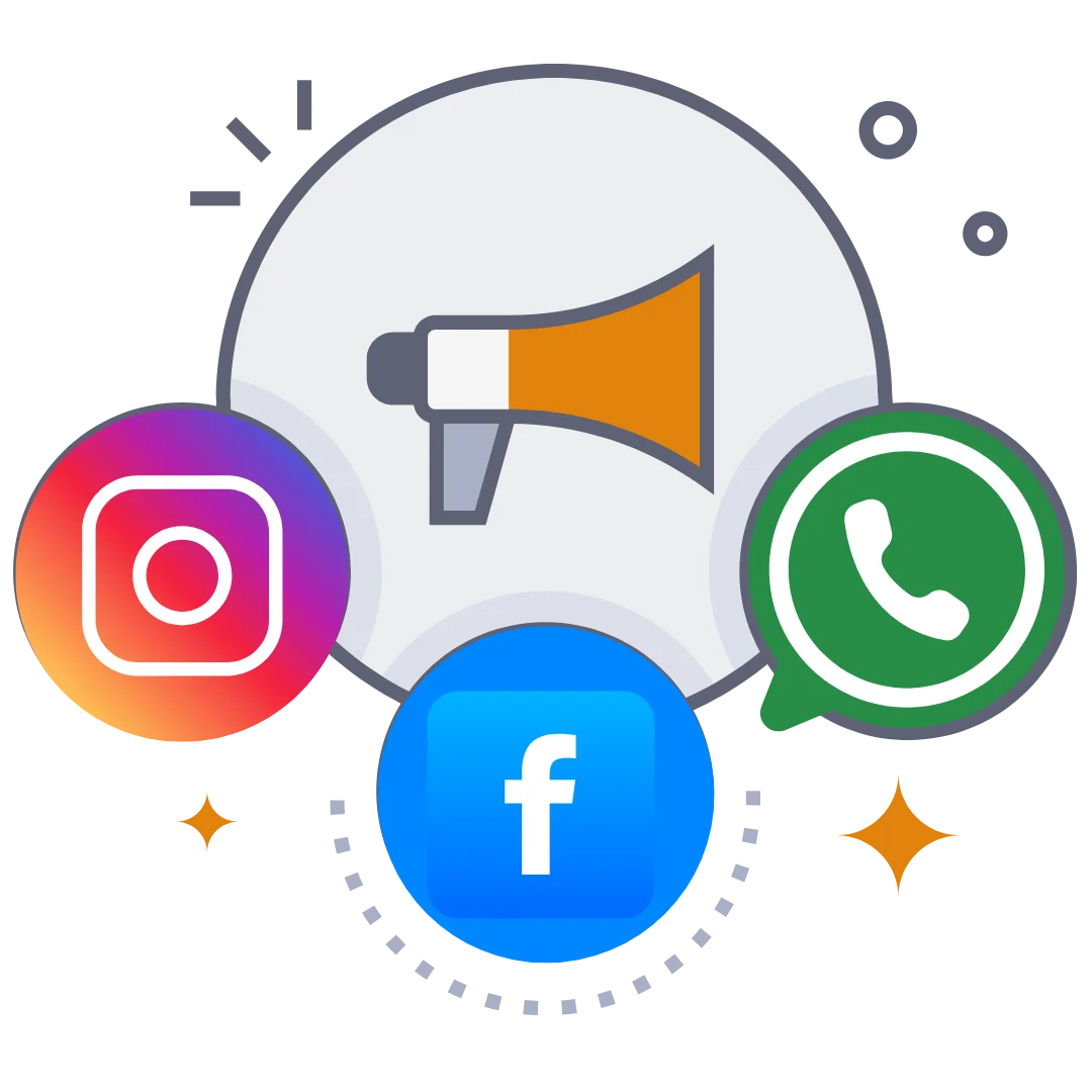 Megaphone with Instagram, Facebook, and WhatsApp icons representing social media promotion and digital messaging campaigns.
