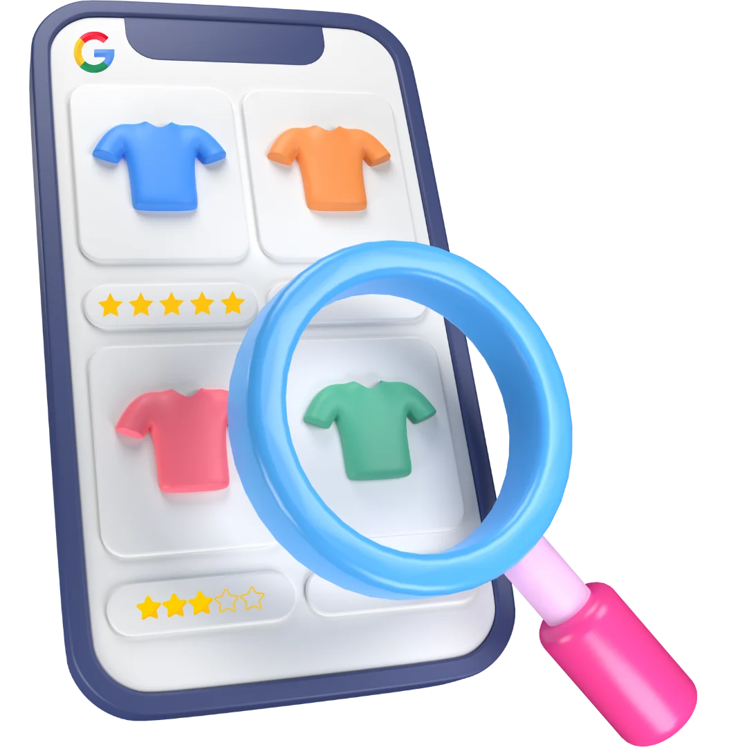 Smartphone screen showing clothing products with a magnifying glass, representing online product search and e-commerce browsing.