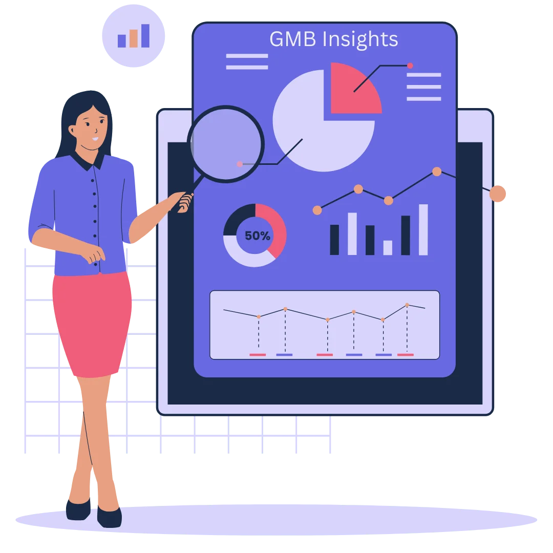 Illustration of a business professional analyzing performance data and charts on a digital insights dashboard.