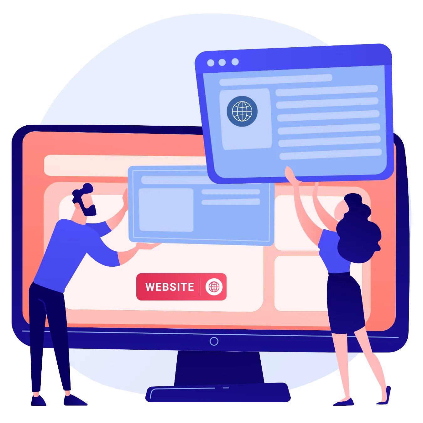 Illustration of designers working on a website interface with content blocks, cards, and layout elements on a desktop screen.