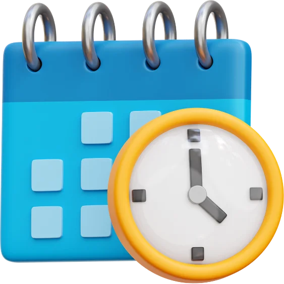 Calendar with clock icon representing scheduling, deadlines, time management, and appointment tracking.