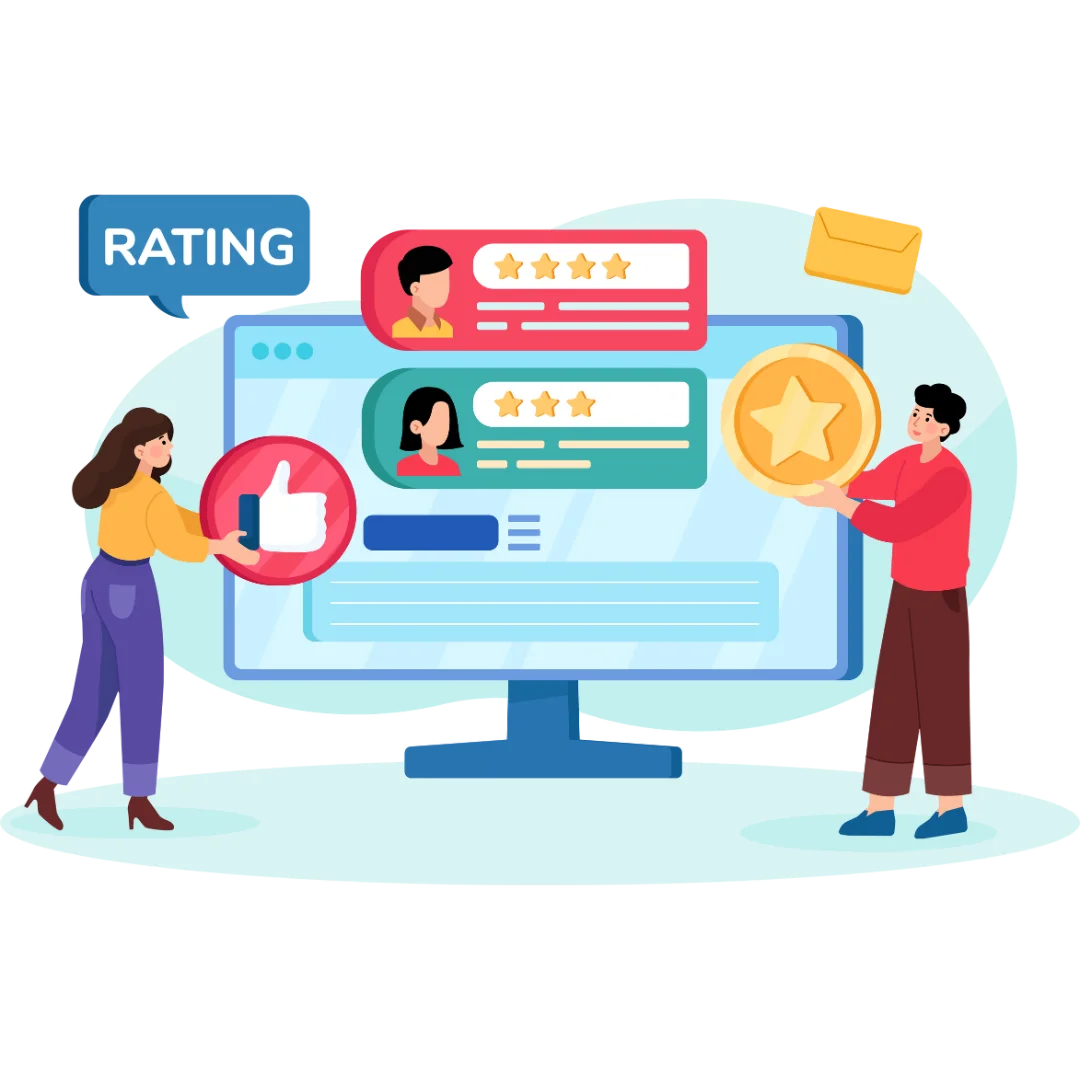 Illustration of people managing online ratings and customer reviews on a digital dashboard with stars and feedback icons.