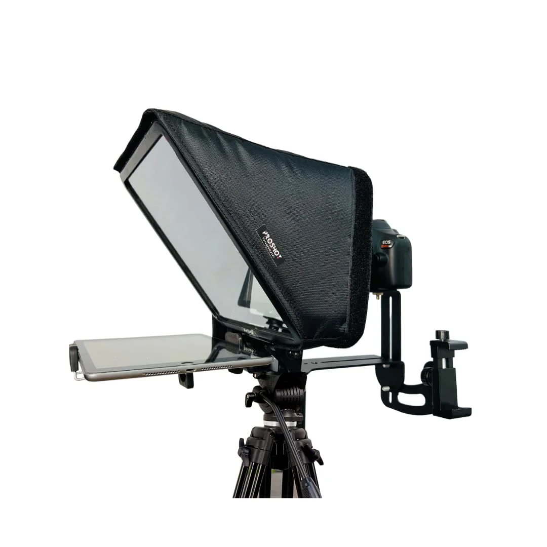 Foldable teleprompter for video recording mounted on a tripod with reflective glass for professional video recording and content creation