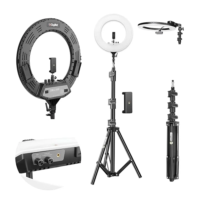LED ring light with tripod stand and mobile holder for video making and photography. Digitek 18 inch ring light