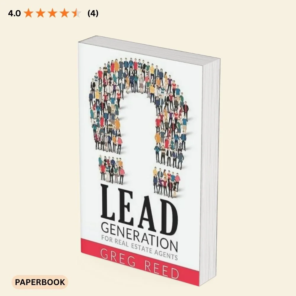 Real estate lead generation book cover by Greg Reed showing a question mark formed by a crowd of people, symbolizing customer leads.