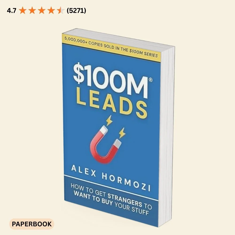 Lead generation strategies $100M Leads book cover by Alex Hormozi featuring a blue design with a magnet icon, focused on lead generation and customer acquisition.