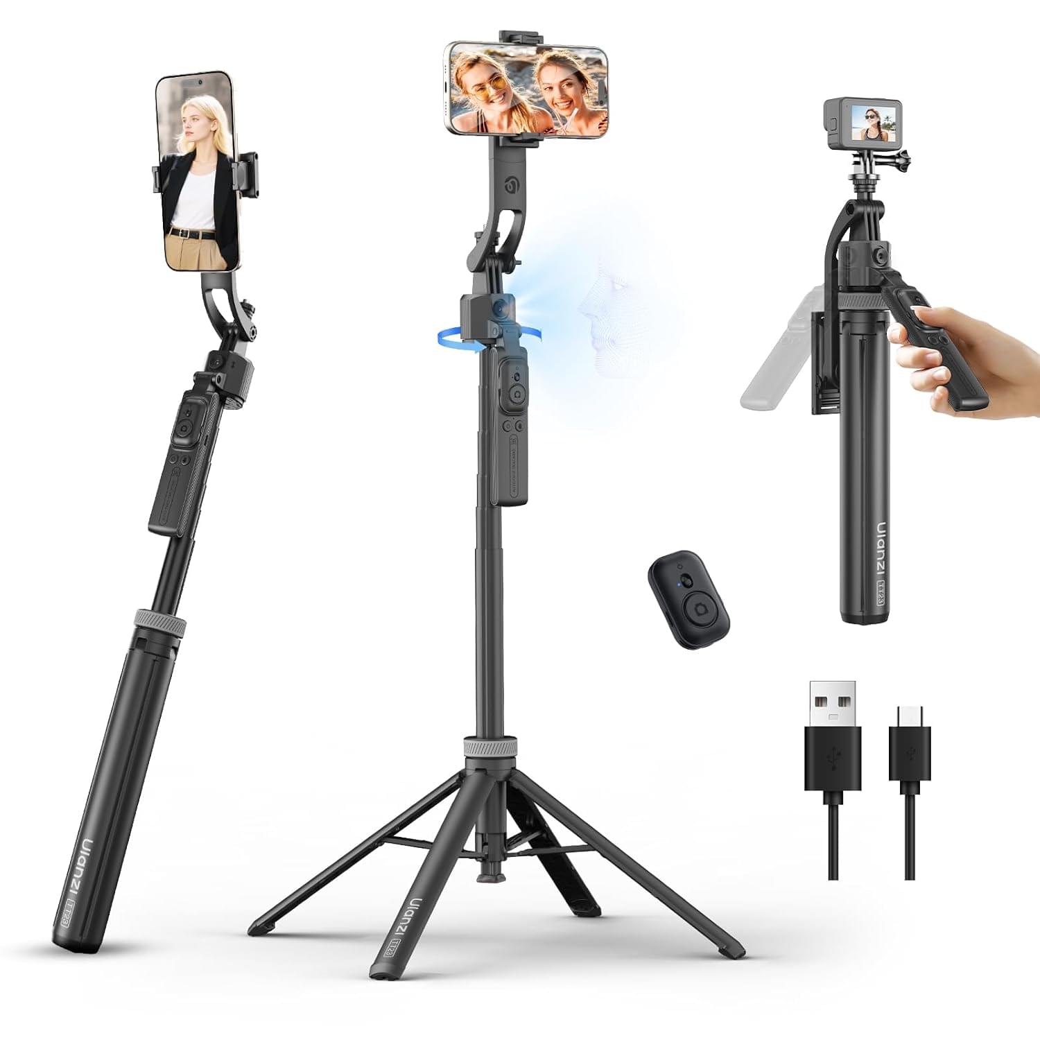 TT23 Auto Face Tracking Tripod for Smartphones, 165cm Cell Phone Selfie Stick, 360° Rotation Tripod with Bluetooth Remote & Gesture Control