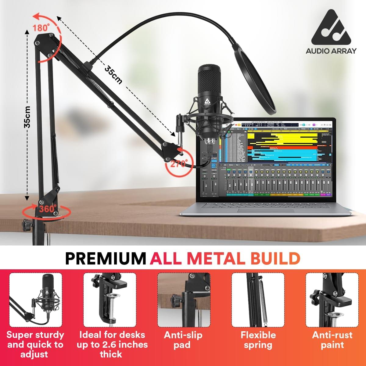 Audio Array USB Condenser Microphone Kit | for Podcasting, Online Meeting, Gaming, Singing & Live Streaming | Boom Arm, Pop Filter, Mic Cover, Spider Shock Mount, Tripod & 2.5M USB Cable | AM-C1 - Image 3