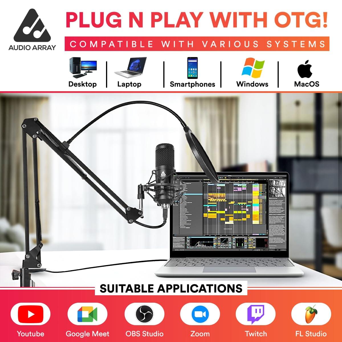 Audio Array USB Condenser Microphone Kit | for Podcasting, Online Meeting, Gaming, Singing & Live Streaming | Boom Arm, Pop Filter, Mic Cover, Spider Shock Mount, Tripod & 2.5M USB Cable | AM-C1 - Image 4