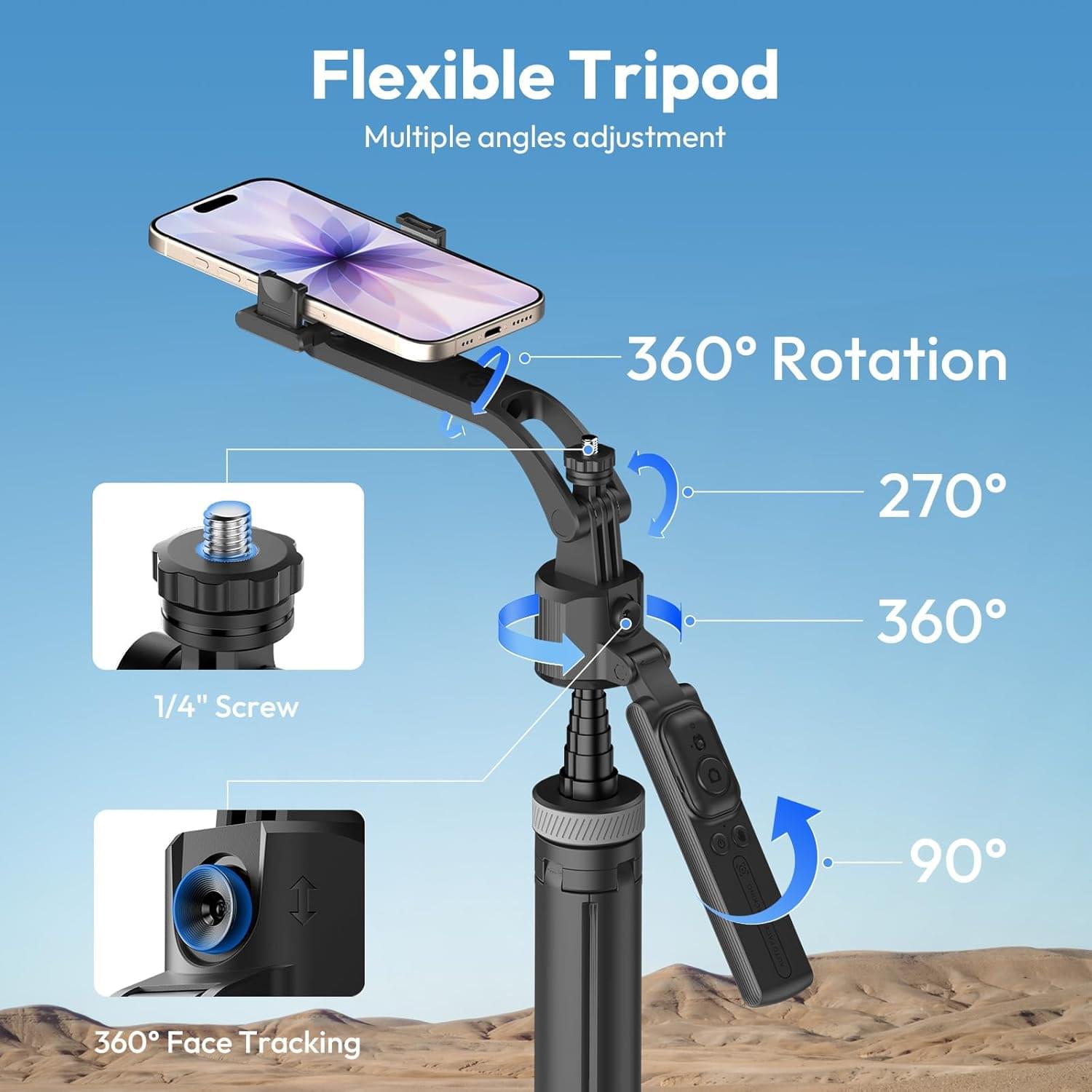 TT23 Auto Face Tracking Tripod for Smartphones, 165cm Cell Phone Selfie Stick, 360° Rotation Tripod with Bluetooth Remote & Gesture Control - Image 4